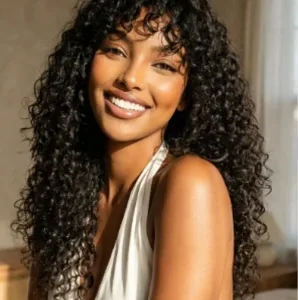 Natural Crown Curl Bouncy Curl 4x1 Lace Part Wig With Bangs